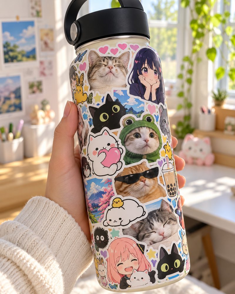 Un bolso y una botella con stickers