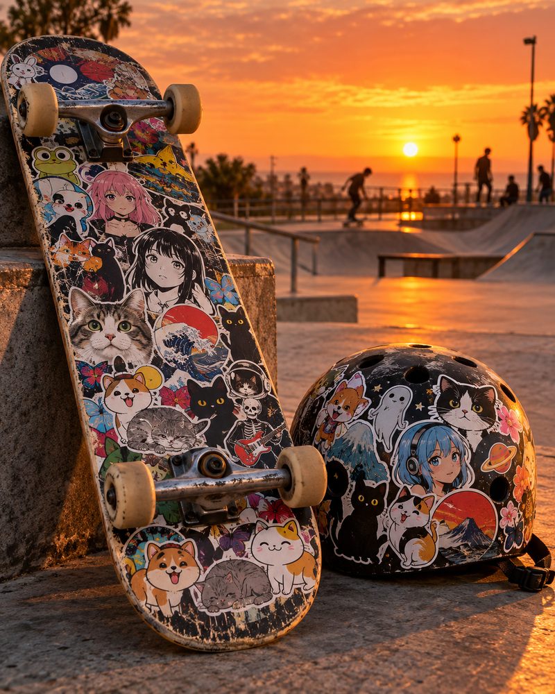 Un skate y un casco cubiertos de stickers