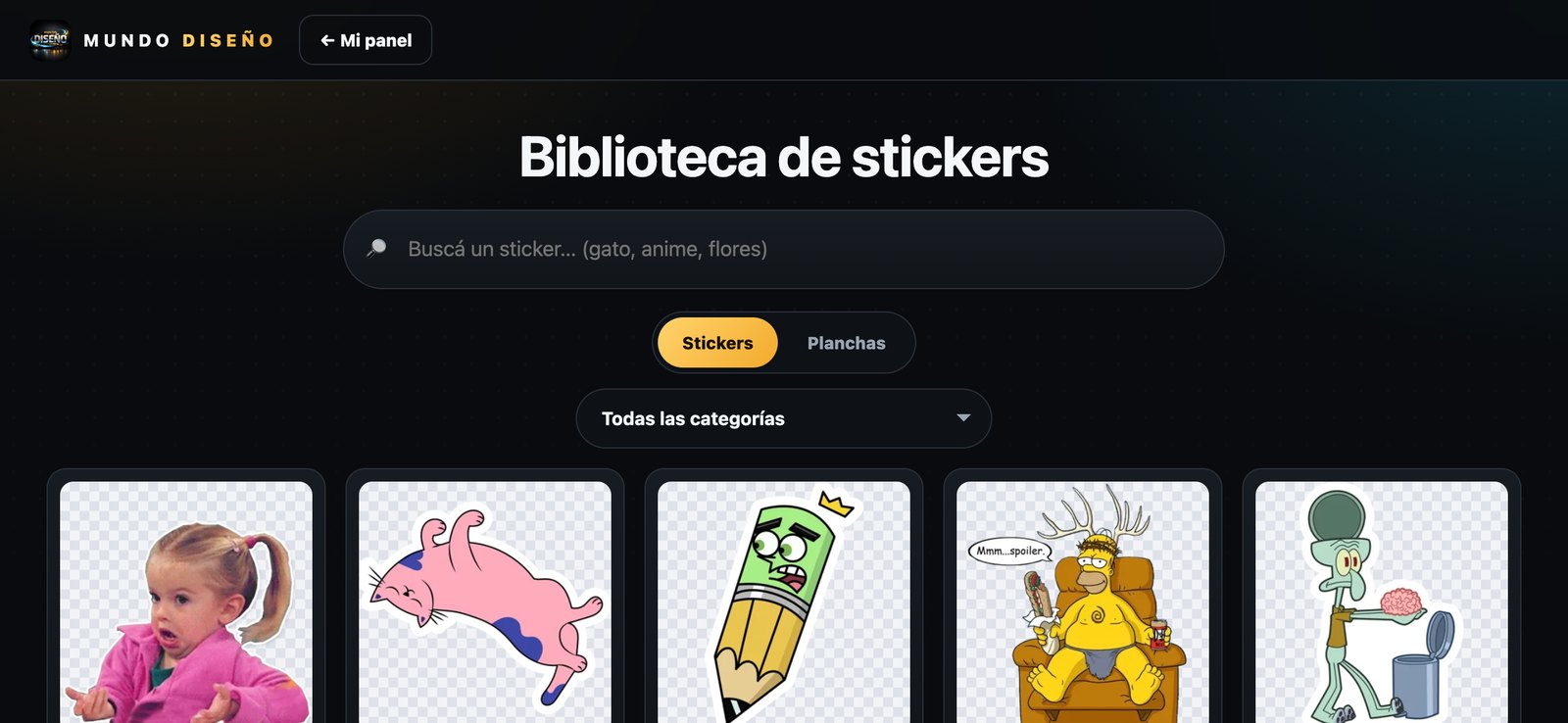 La biblioteca de stickers con el buscador y las categorías