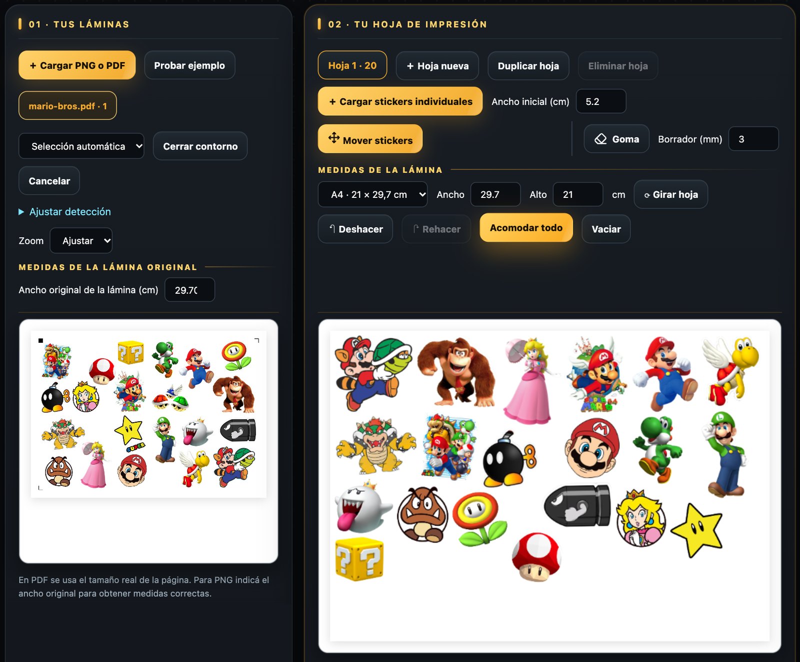 El Estudio de Stickers con la lámina cargada y los stickers acomodados en la hoja