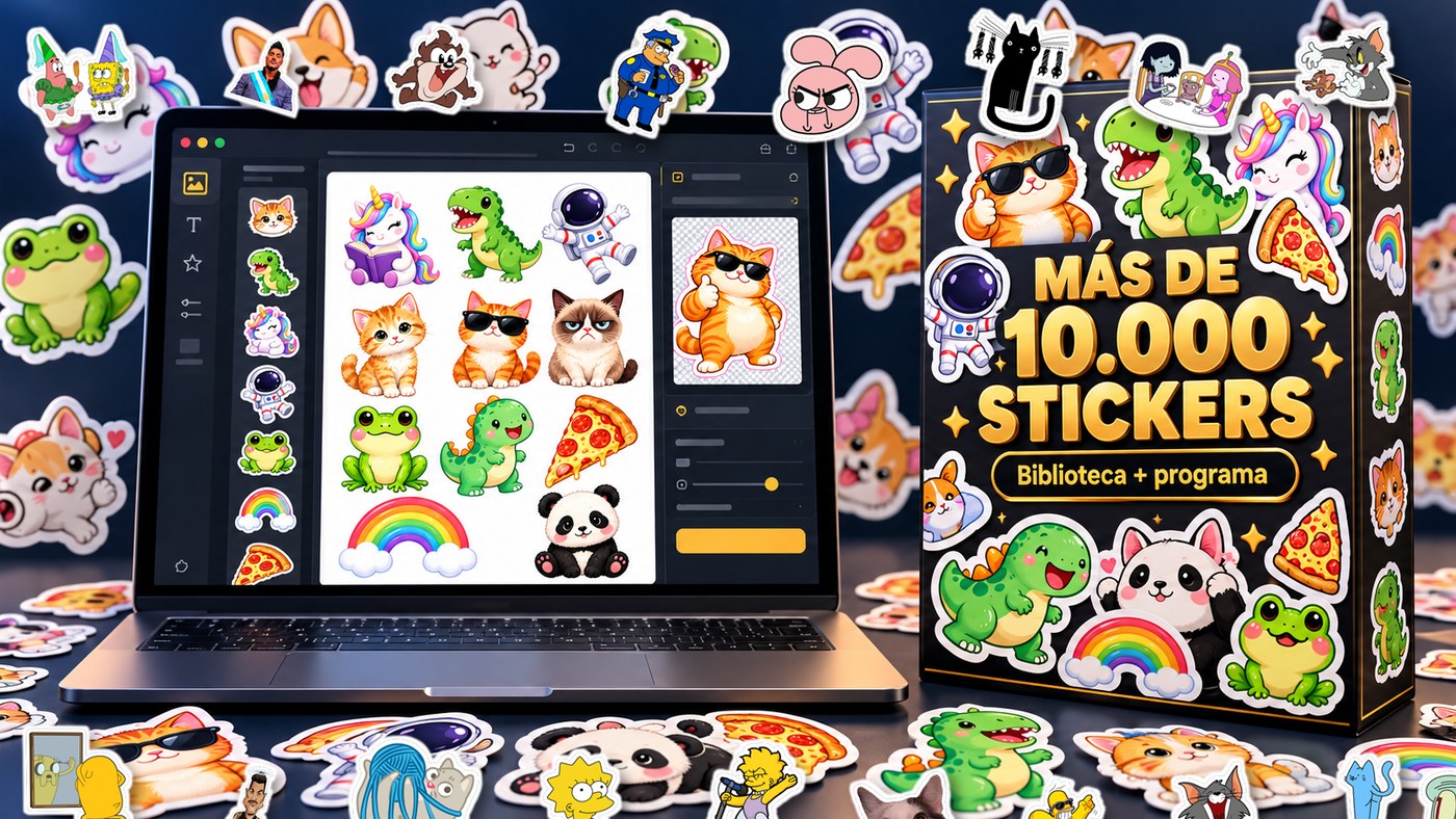 Pack 10.000: el Estudio de Stickers abierto en una notebook con stickers y planchas impresas