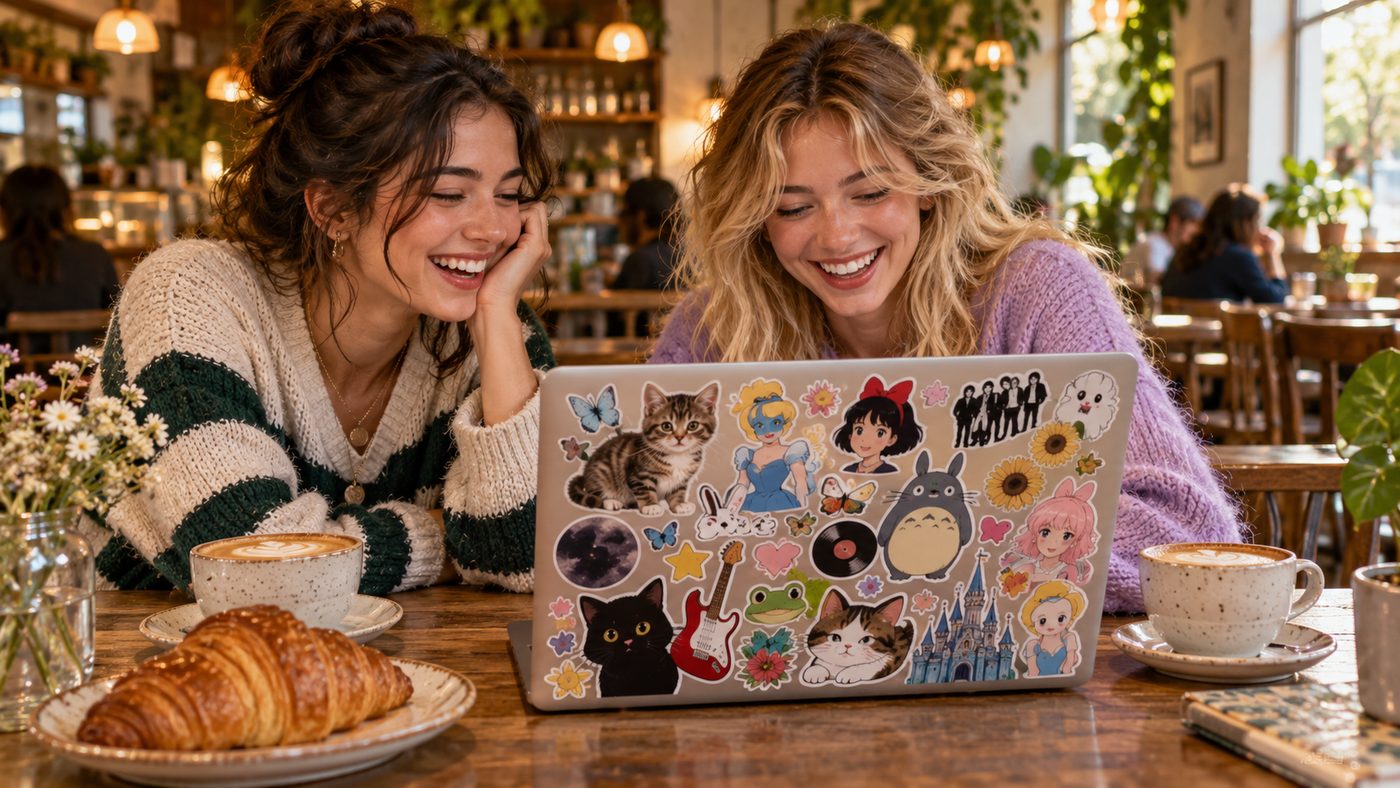 Una laptop y un cuaderno con stickers