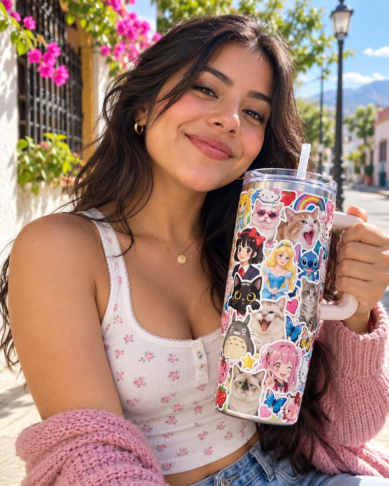 Una chica con un termo cubierto de stickers de memes y dibujos animados